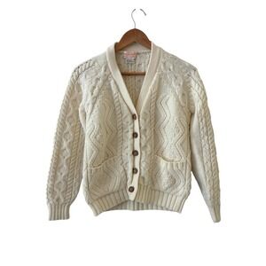 Vtg 70s Sears Cable Knit Cardigan Sweater Womens M Cream Fisherman Academia
